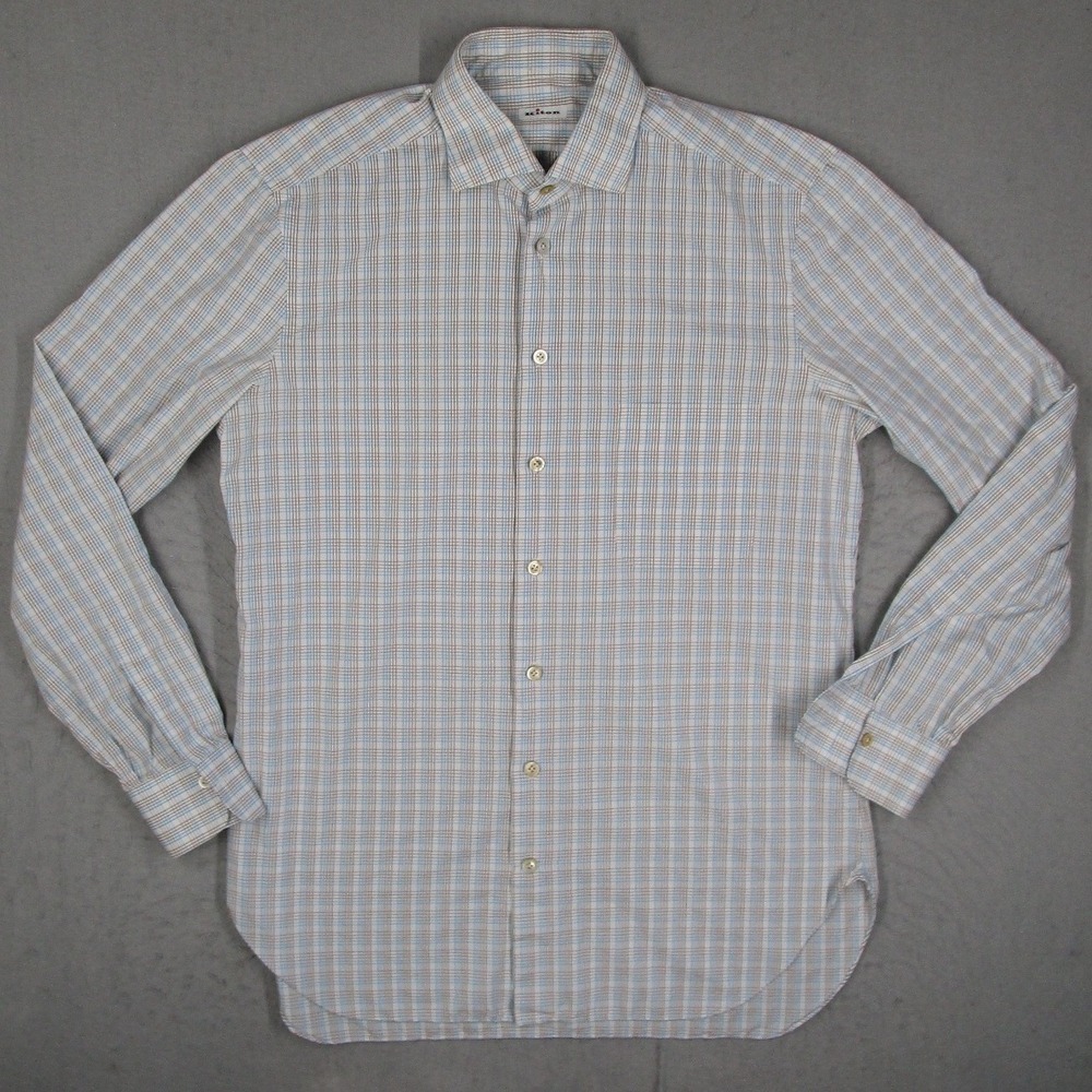 Kiton Napoli Mens Large Blue Brown Plaid Cotton Long Sleeve Button Down Shirt